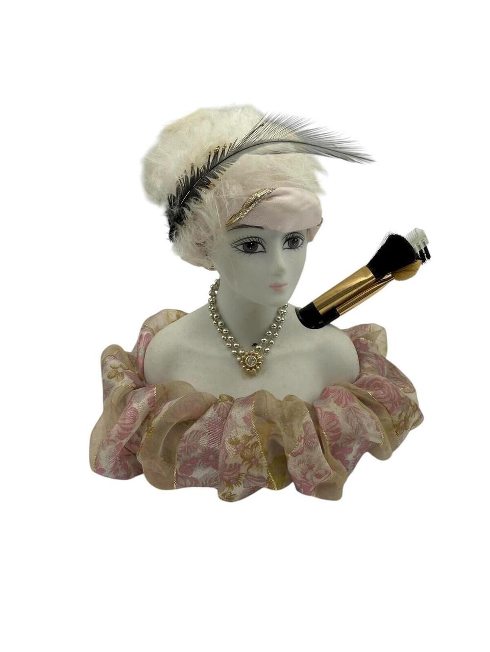 Vintage Porcelain Lady Bust with Make-Up Brushes, Mid Century Vanity, Figurine